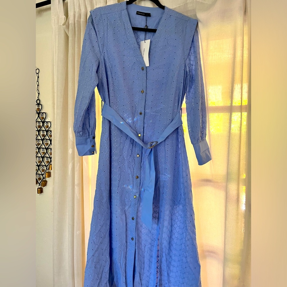 Cotton Eyelet Sharp Shoulder Broderie Belted Long Dress PALE blue